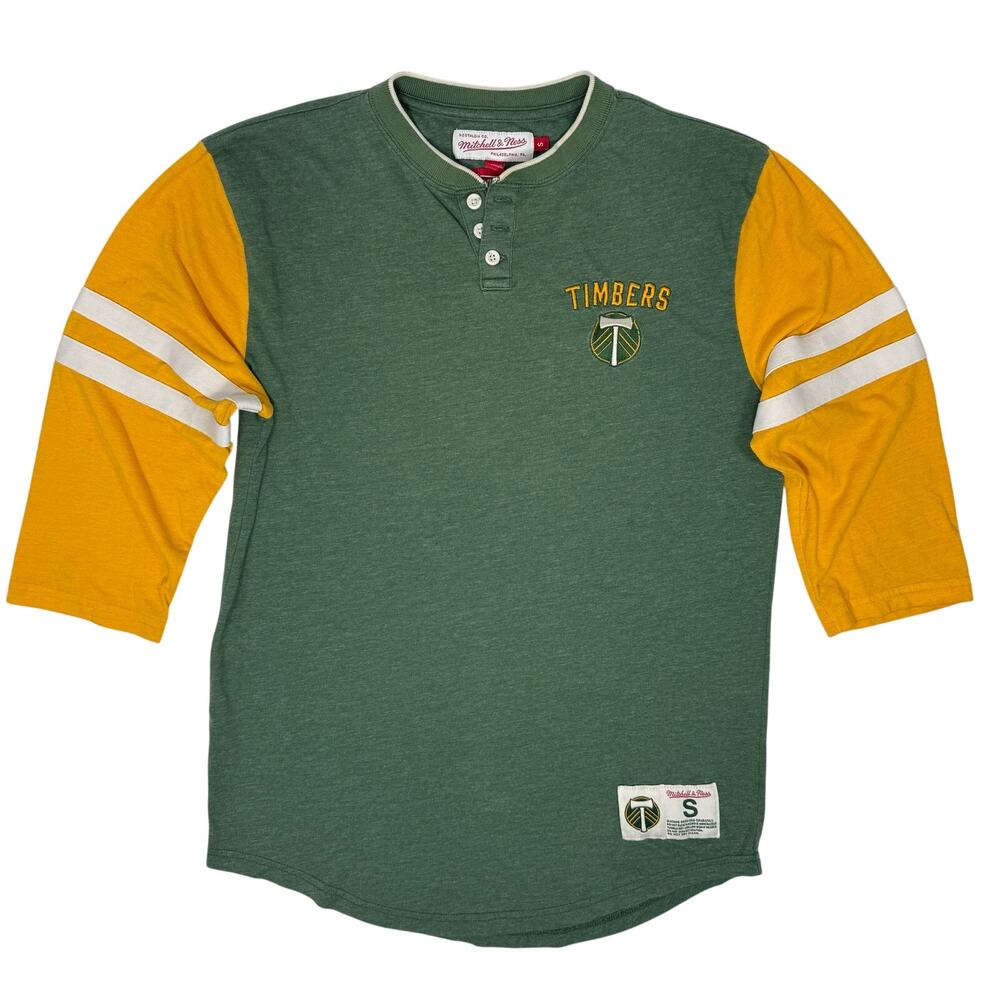 Mitchell & Ness Portland Timbers MLS Men's Small Shirt Green Yellow 3/4 Sleeves